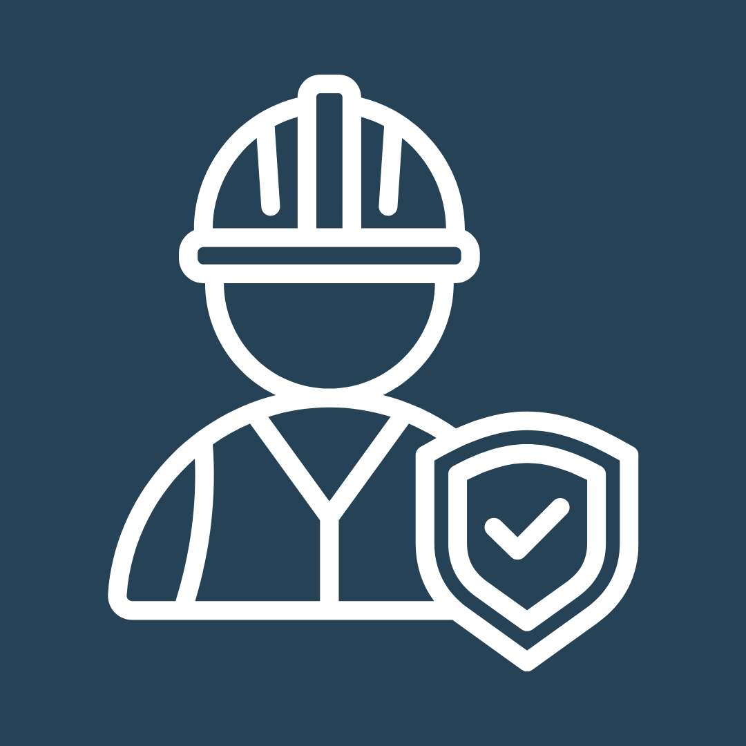 Symbolgrafik eines Bauarbeiters mit Schutzhelm und Sicherheitsschild